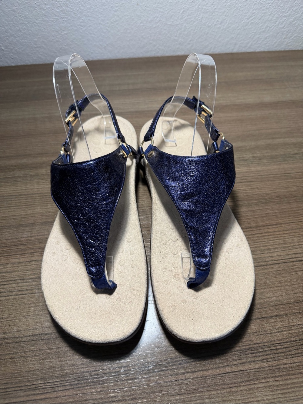 VIONIC Kirra Metallic Blue Sandal Comfort T Strap Thong Ankle Strap 8.5 Navy